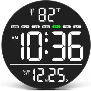 WallarGe Large Digital Wall Clock with LED Display, Electric Wall Clock with Temperature, Auto DST, Date, and Day, 5-Level Brightness for Office, Bedroom, Living Room, Classroom Dcor