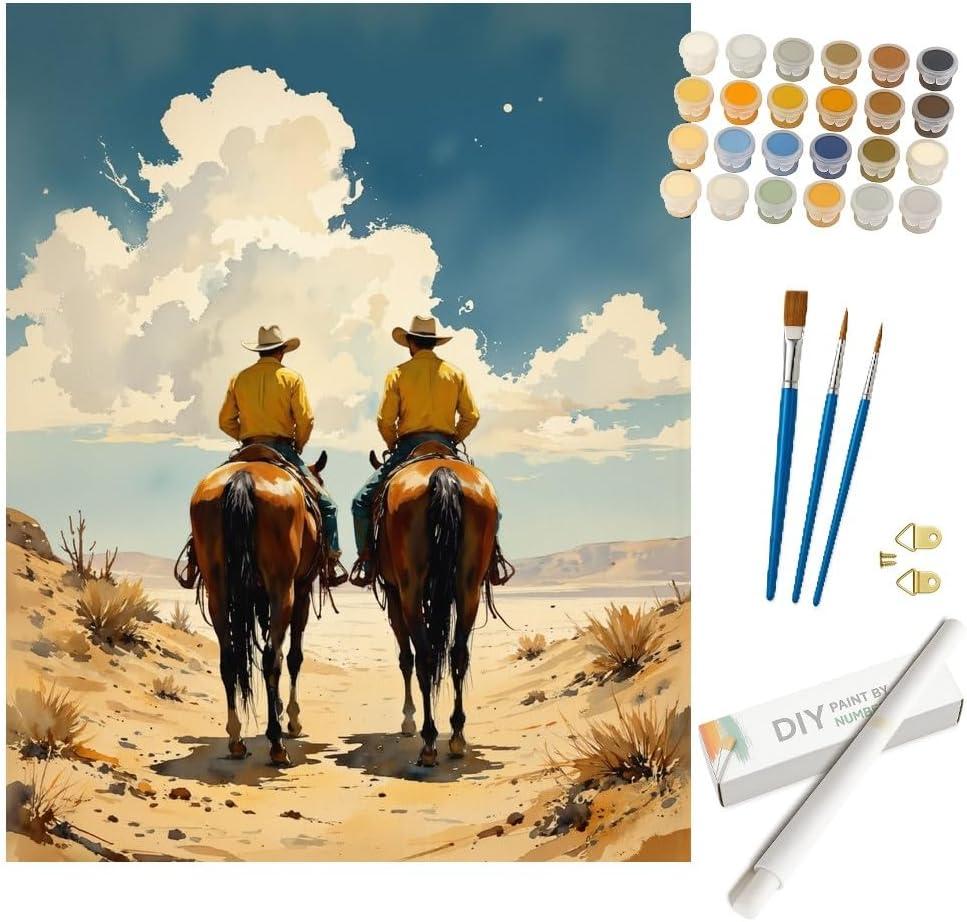 Western Paint by Numbers Kit for Adults - DIY Cowboy Duo on Horseback Painting on Rolled Canvas 16x20 Inches, Acrylic Paint Set, Suitable for Beginners, Art for Home Decoration or Gifts