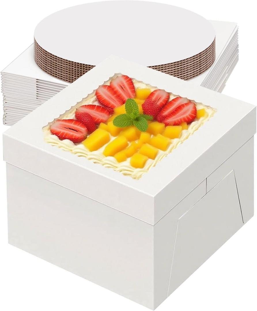 20 Packs Cake Box 8 inch with Cake Board and Clear Windows (10 Pcs Box + 10 Pcs Board) Disposable Cake Containers Bakery Take Out Container Cake Carrier for Cookies Pies (8x8x8inch)