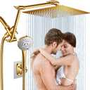 12'' Gold Rain Shower Head, High Pressure Rainfall Shower Head with 16 inch Adjustable Extension ArmFlexible Adjust Height and Angle, 5 Setting Spray Handheld Shower Head, Anti-leak