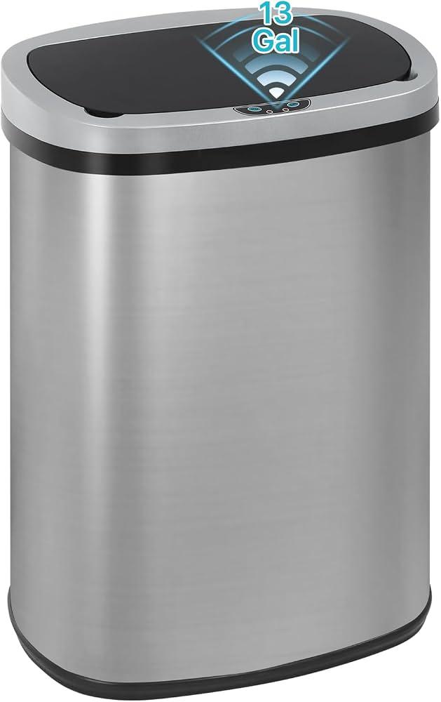 13 Gallon Stainless Steel Trash Can with Lid,Touch Free Automatic Kitchen Trash Can,Fingerprint-Resistant Soft Close Lid Garbage Can, 50L Large Capacity Garbage Can for Kitchen Home Office Sliver