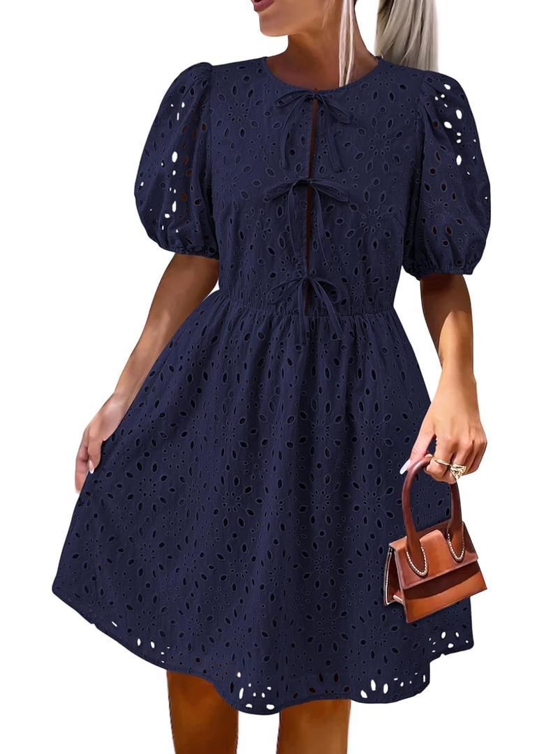KIRUNDO Eyelet Summer Dresses for Women 2025 Short Sleeve Tie Front Babydoll A Line Wedding Guest Beach Vacation Sundress S