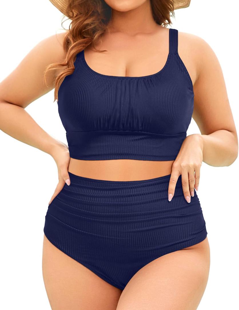 Tempt Me Plus Size Two Piece Swimsuit - Women Ribbed High Waisted Bikini Sets Navy Blue Tummy Control Bathing Suits 2025 Swimwear 18W