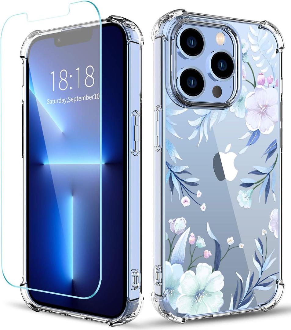 Flower Designed for iPhone 13 Pro Case[with Screen Protector], Floral Clear Women Phone Case Shockproof Protective Soft TPU Bumper Cover 6.1 Inch 2021 (Hibiscus)