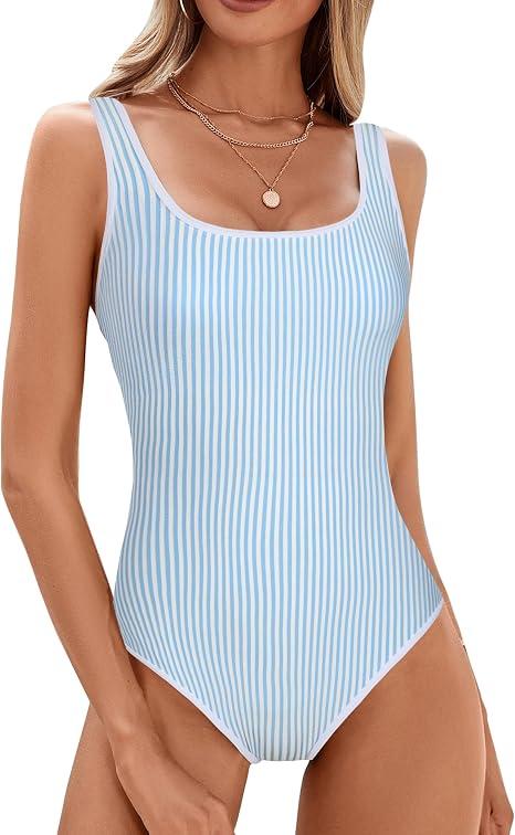 BMJL Women's One Piece Swimsuit Sports Adjustable Strap Bathing Suit Color Block Ribbed High Cut Swimsuits XS
