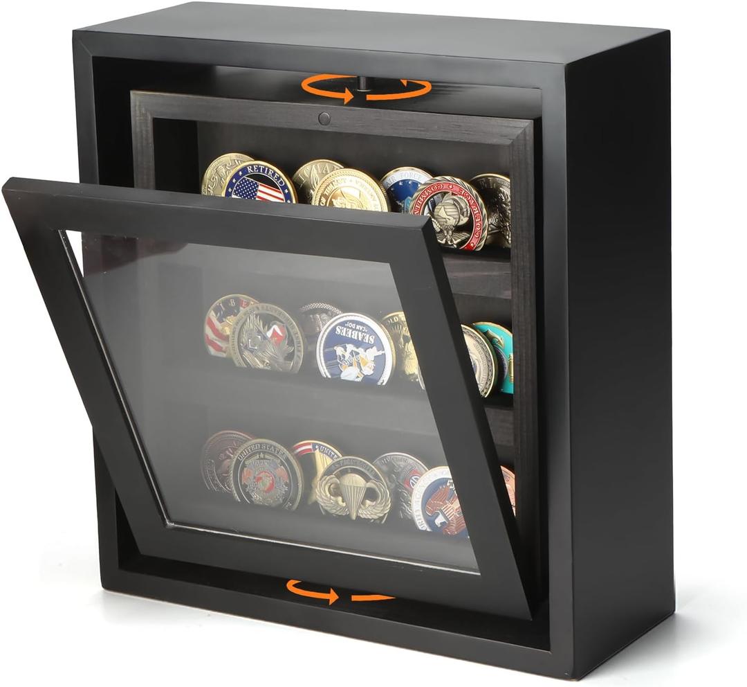 Challenge Coin Display Holder, Military Coin Holder Display Case with Magnetic Display Door, Double-Sided Rotating Coin Stand Rack with Anti-Slip Velvet Grooves for Honoring Veterans & Collectors