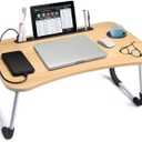 Slendor Lap Desk with Cup Holder, Foldable Laptop Table for Bed, Portable Bed Desk for Laptop and Writing, Computer Tray with Tablet Slot, Notebook Stand Reading Holder for Couch Sofa Floor, Walnut