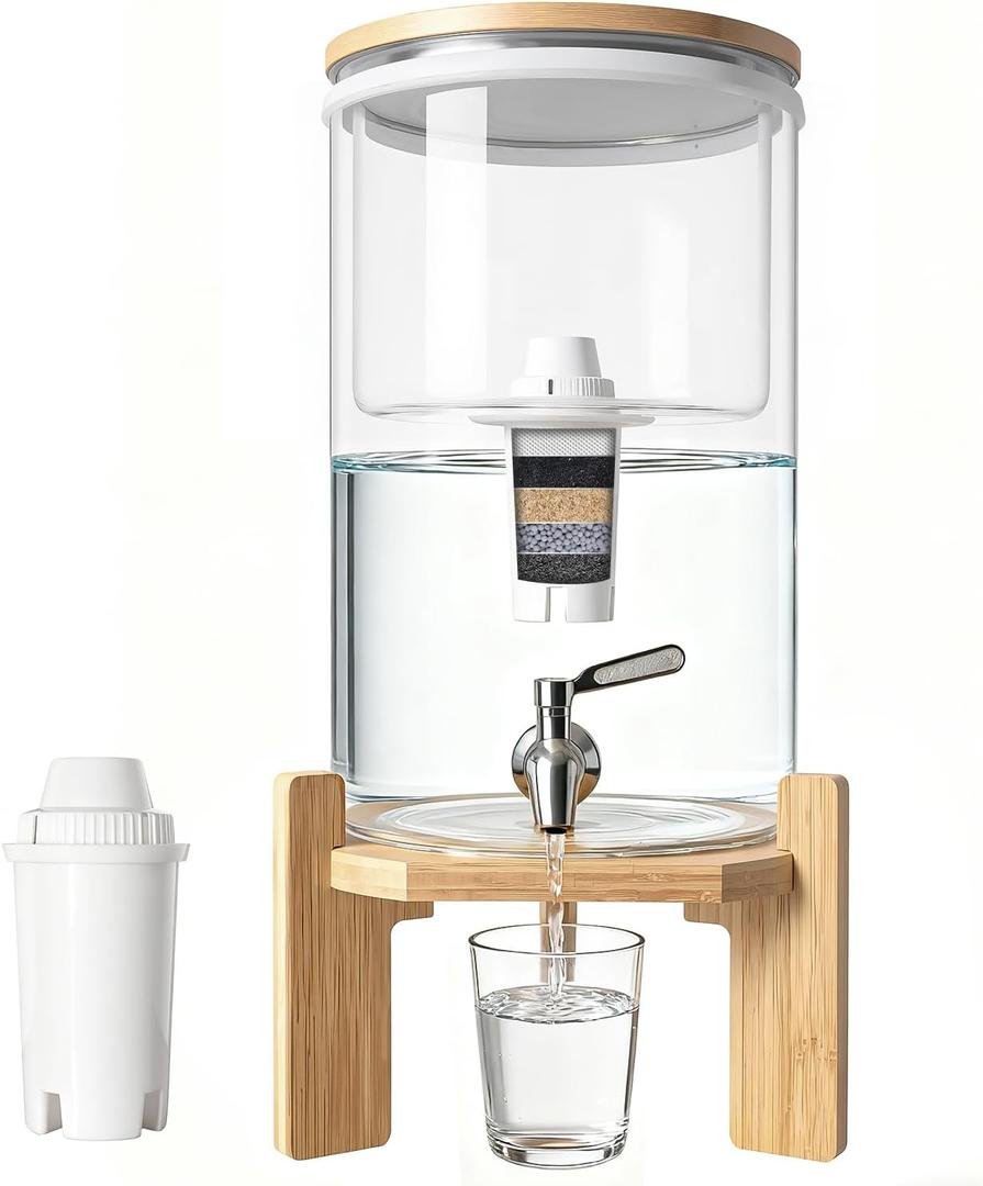 water filter dispenser Countertop water purifier System 2.1 Gallon Glass water filter with Wooden Stand and 1 Filters for Home and Office