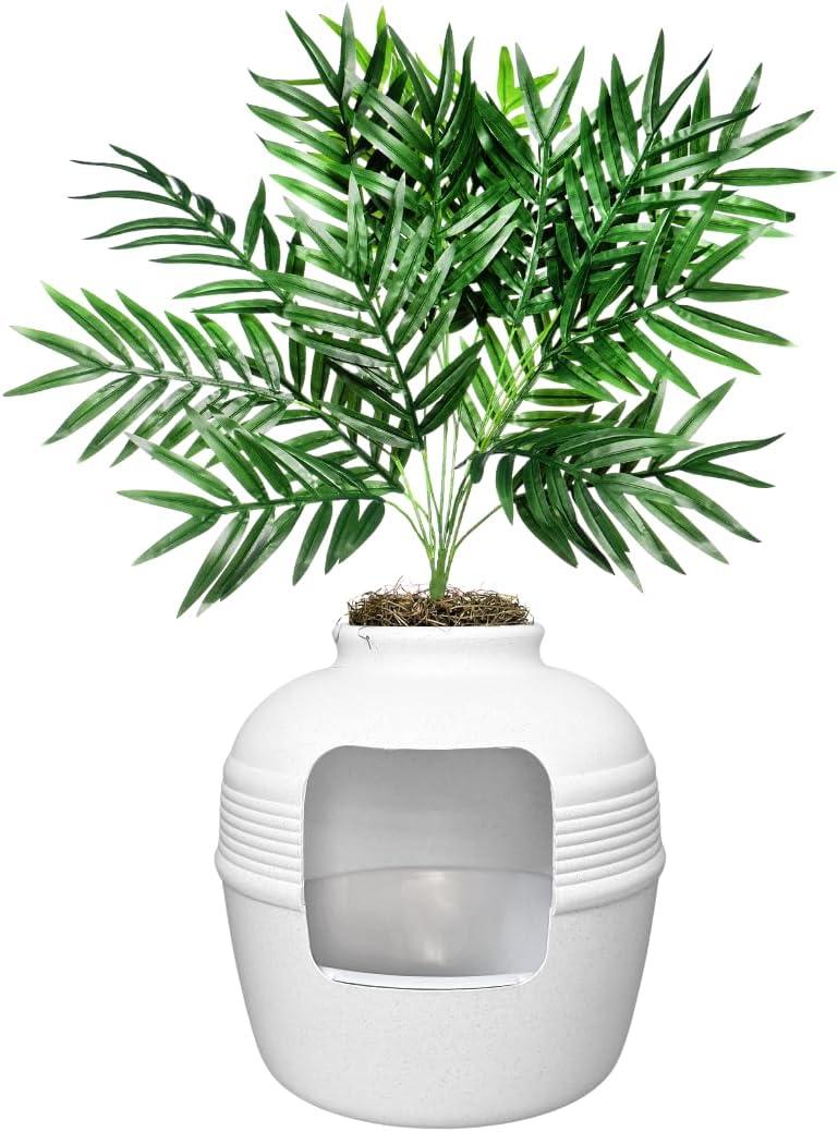 Good Pet Stuff Hidden Cat Litter Box Enclosure with Artificial Plant, Decorative Round Planter, Removable Tray, Charcoal Filter Odor Control, Easy-to-Clean, Made in USA, Essentials Kit, White