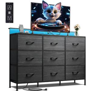 WLIVE Black Dresser TV Stand for 45, 50, 55 inch TV, Entertainment Center with LED Lights & Charging Station, Chest of drawers with 9 Fabric Drawers and Open Shelves for Living Room, Hallway, Wood Top