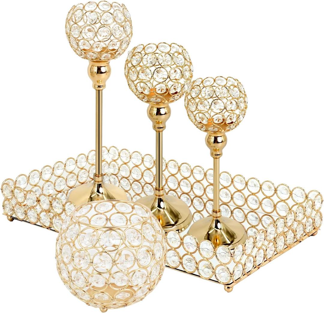5 Pack Golden Crystal Candle Holders Table Centerpieces with Rectangular Mirror Tray Elegant Tea Light Candelabras for Dining Room Decoration Wedding Holiday Birthday Party