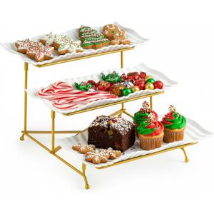LAUCHUH 3 Tier Trays Stand, Porcelain Serving Trays Collapsible Sturdier Stand Serving Platters Dessert Table Display Set for Indoor Party, Entertaining, Thanksgiving, Christmas, Gold, 12.2 Inch