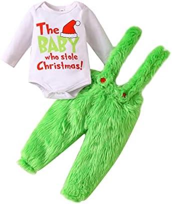 VISGOGO Infant Baby Boy Girls Christmas Jumpsuit Set Letter Print Long Sleeve Romper Green Suspender Costume Pants 90