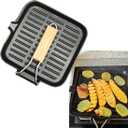 Grill Pan for Stove Tops, 3.4lbs Cast Iron Giddle with Folding Handle, 9.5in Square Grill Pan, Heavy Duty Griddle with Pour Spouts, Durable Skillet for Indoor Outdoor Grilling