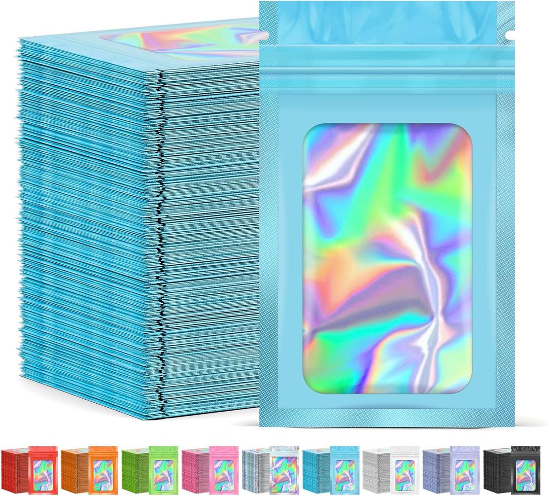 300 Pcs Mylar Bags, Smell Proof Bags Foil Pouch, Holographic Resealable Bags for Small Business, Candy Sample Jewelry Bag Sealable Packaging for Party Favor Food Storage (5.5x7.9in-Blue)