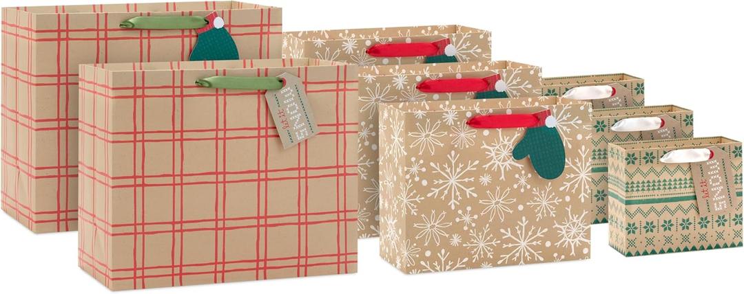 Hallmark Holiday Kraft Gift Bags with Gift Tags (2Horizontal Bags)
