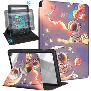 Kidcube for Amazon Kindle Fire 7 Tablet Case 12th Generation 2022 Release for Women Girls Boys Cute Folio Cover Cartoon Astronaut Design Rotating Stand with Auto Wake/Sleep for Kindle Fire 7 Cases 7"