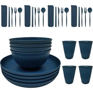 Wheat Straw Plastic Dinnerware set 32 piece Unbreakable plates and bowls sets for 4 Dishwasher Microwave Safe Dinnerware sets (Blue 32PCS)