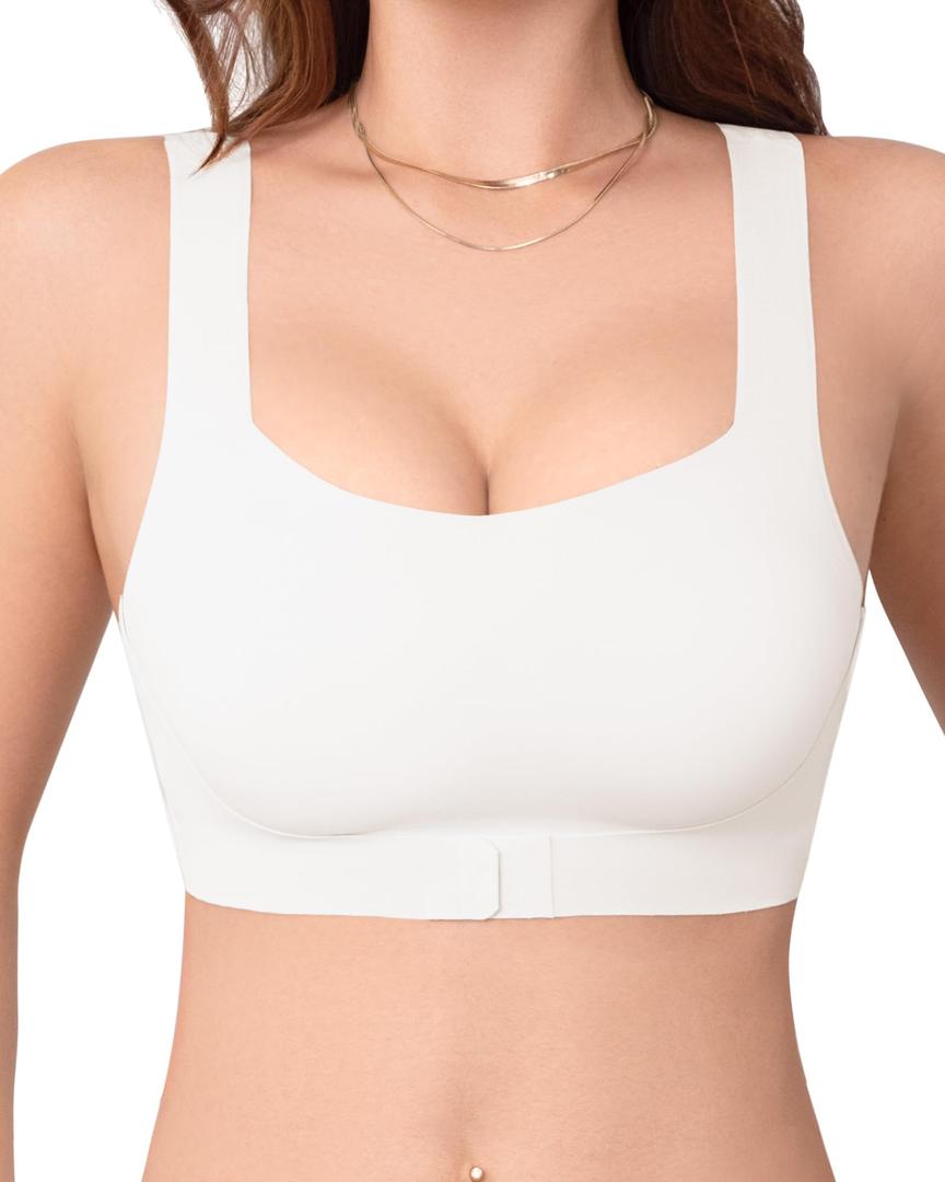 Derisaly Womens Seamless Bra Wireless Pullover Push Up Bras Front Closure Supportive Vest Bralette Full Coverage Tshirt Bra (White, L) (White, L)