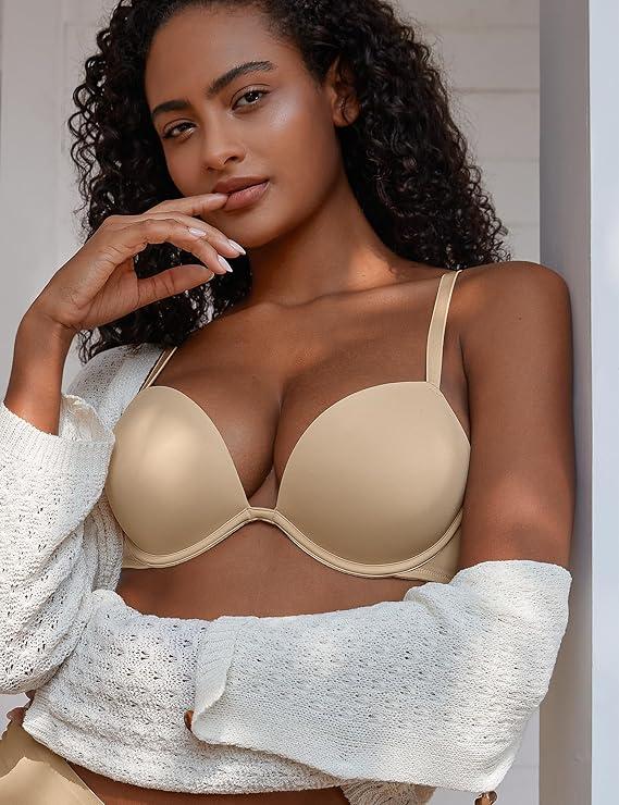 Deyllo Women’s Super Push Up Bra Underwire Padded Plunge Deep V T-Shirt Bras Add 2 Cups
 Beige - 80C
