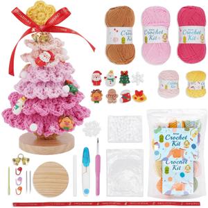 Alvian Five Colour Christmas Tree Crochet kit for Beginners Crochet Starter Kits Craft Knitting Crocheting Kits with Step-by-Step Video Tutorials and Crochet Yarn Supplies (Pink)