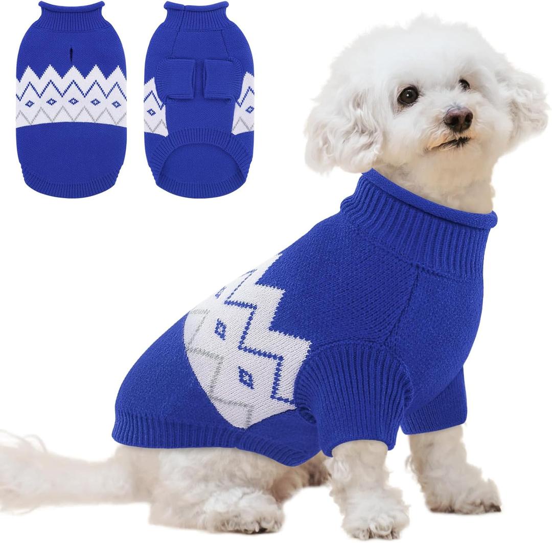 Queenmore Warm Dog Sweater, Soft Pet Knitwear, Knitted Pullover, Winter Pet Clothes for Small Medium Dogs Cats, Size M (Blue)