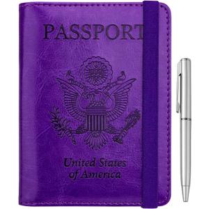 WALNEW Passport Holder for Travel, RFID Passport Cover Wallet for Women Men, PU Leather Passport Book Card Holder Case with Pen (Elastic Band Closure, A-Purple)