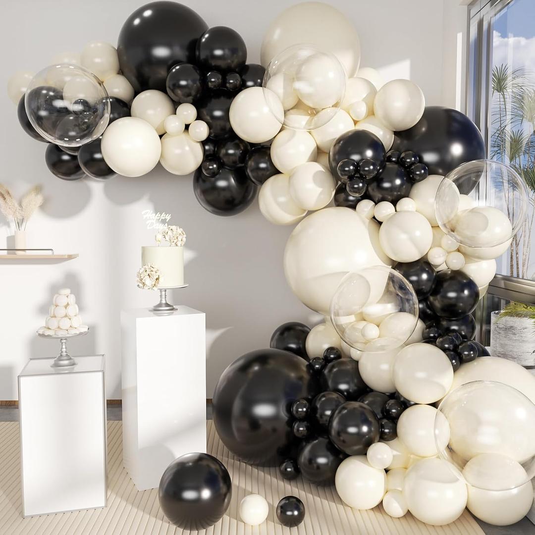 White Sand Black Balloons Arch Kit, 151Pcs Black Cream White and Bobo Balloons Garland 18 12 10 5 inch for Birthday Wedding Bridal Shower Bachelorette Anniversary Party Decorations