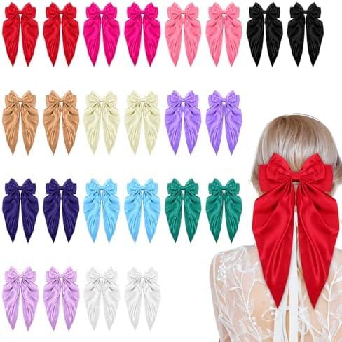 24 Pcs Satin Bows for Hair, Large Hair Bows for Women with Long Tails - Oversized Satin Hair-Bow Clips in 12 Colors (2 Each) for Women - 15 x 7.8 Inches