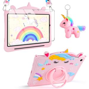 VOFUOE for Samsung Galaxy Tab A9 Plus Case for Kids Girls for Galaxy Tab A9+ Cases with Screen Protector Dolls Shoulder Strap Stand Soft Silicone Tablet Cover for Galaxy Tab A9 Plus 11 Inch 2023-Pink