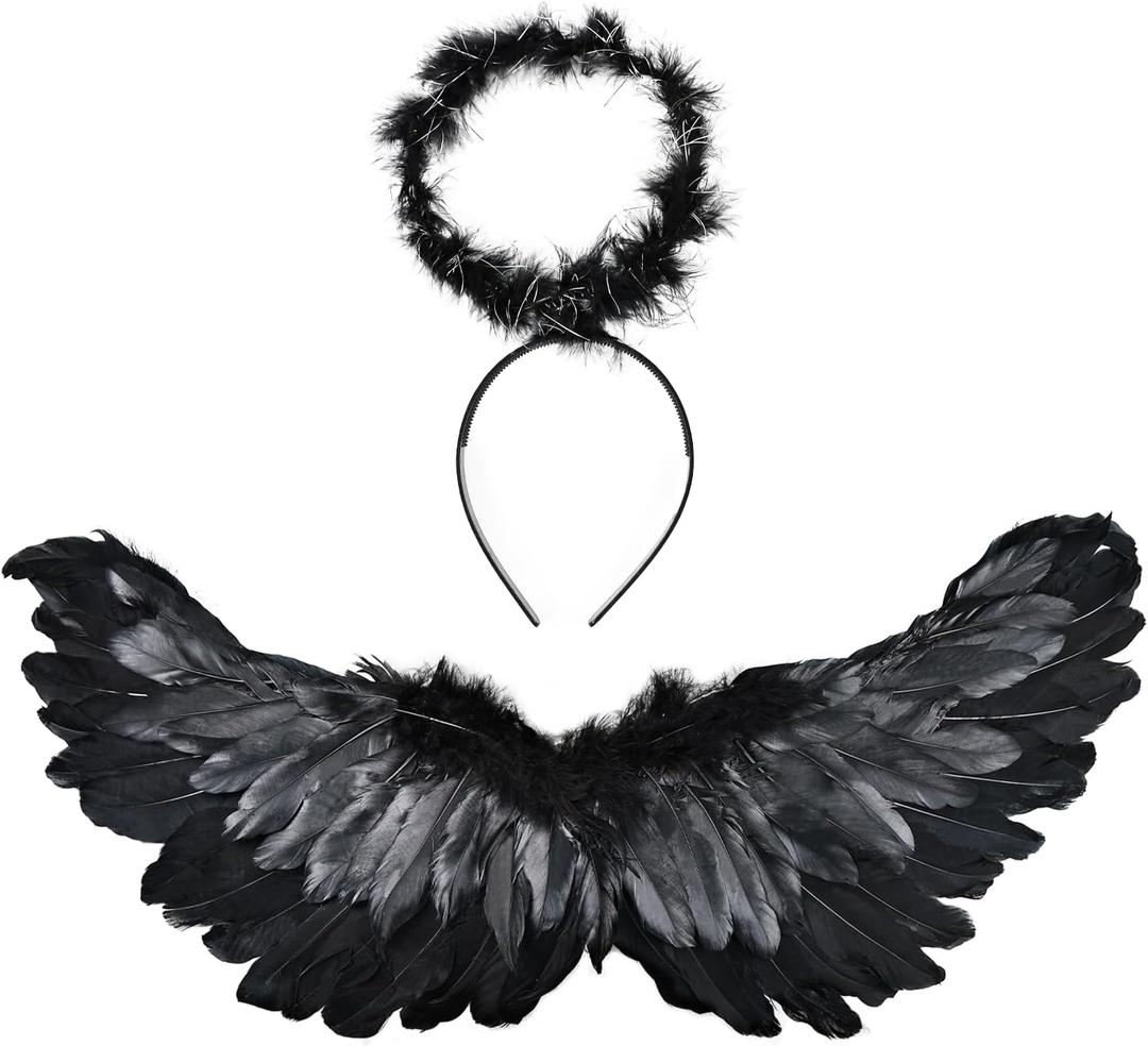 Angel Wings Costume Accessories-Feather Wings with Halo Headband Set for Adults, Lightweight Adjustable Fairy Wings,Cosplay (Black)