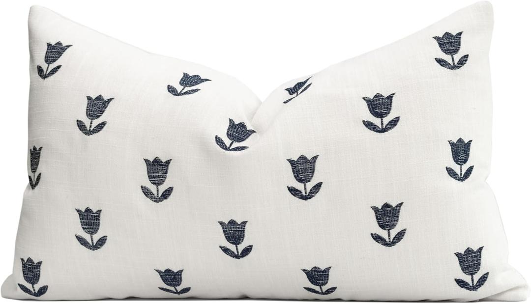 Crumbs Home Coastal Linen Indoor Outdoor Lumbar Pillow Cover Only, 12"x20" Water Repellent for Patio, Backyard, Couch, Neutral Dark Navy Floral