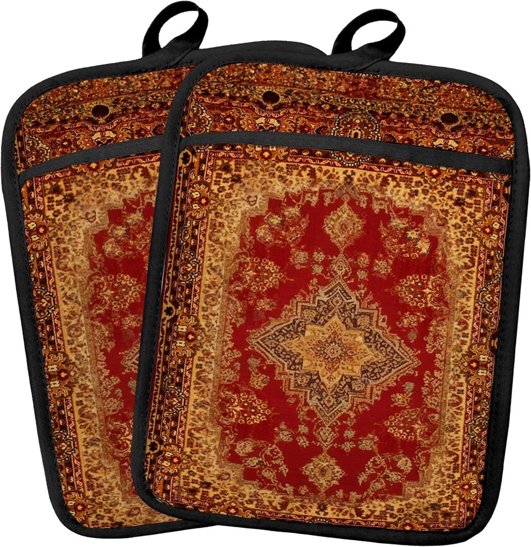 Boho Vintage Oriental Floral Pot Holders 2 Pack Set, Red and Gold Antique Rustic Flower Heat Resistant Oven Hot Pads for Kitchen Countertop Baking066 Potholder