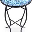 VONLUCE Mosaic Side Table and Plant Stand, 21" Round End Table with 14" Ceramic Tile Top, Indoor & Outdoor Accent Table, Porch Patio Furniture, Entryway & Coffee Table for Home & Garden, Blue Mandala