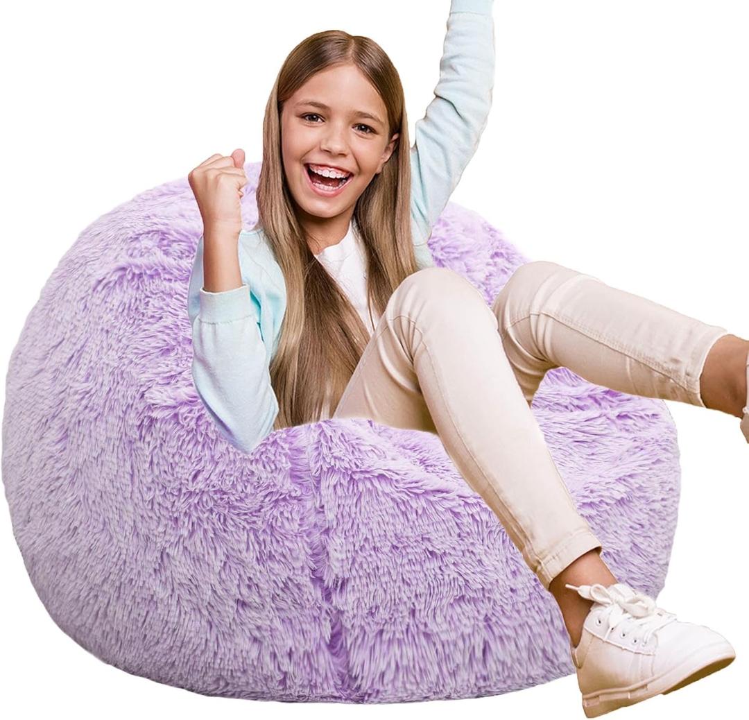 Fluffy Bean Bag Chair for Kids, 2.5FT Round Memory Foam Filled Bean Bag for Teens & Kids, Ultra Soft Faux Fur Fabric Bean Bag Chairs for Playroom, Living Room, Bedroom, Lavender (Small, Purple)