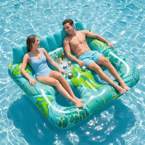 HLDIRECT Inflatable Pool Float for Adults, 61"71" Pool Lounger Floats for 2 Person, Sun Tanning Floats Raft with Drink Holder & Backrest, Water Float Tanning Pool for Swimming Pool, Lake, River