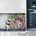 Yatsen Bridge Behind The Curtain Canvas Prints Banksy Graffiti Wall Art Paintings Pop Art Colorful Posters Stretched Pictures for Living Room Modern Home Decor Framed Ready to Hang(44''W x 28''H)
