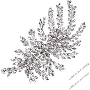 FINGERINSPIRE Handcrafted Rhinestone Beaded Applique Patches 8.5x4.3x0.4 Inch Bright Crystal Patches 3D Flower Rhinestones Appliques with 2ps Hair Bobby Pins for Wedding Dress Clothing Craft DIY
