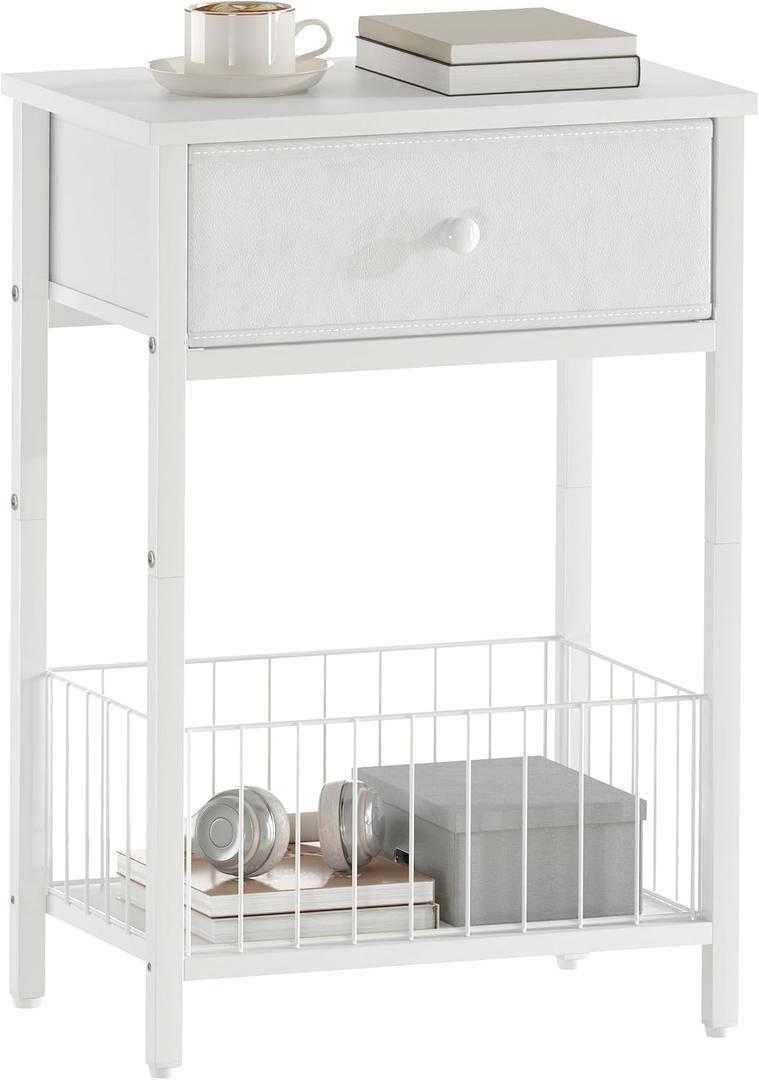 White Nightstand with PU Leather Front Drawer, 3-Tier End Table with Bottom Mesh Basket, Modern Bedside Table for Small Spaces, Metal Frame