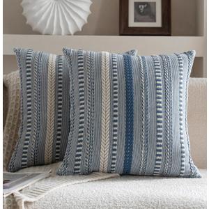 Boho Throw Pillow Covers 18x18 Inch Set of 2, Farmhouse Decorative Couch Pillow Cases, Blue Accent Pillows of Bed, Sofa Bedroom Living Room Home Decor Cushion Cover