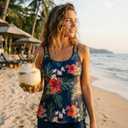 Urchics 2026 Women Two Piece Tankini Swimsuit Tummy Control Plus Size Long Torso Top and High Waisted Boyshorts Bathing Suits (Tropical Navy, L)