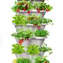 Strawberry Vertical Planter Tower Garden, 7 Tiered Stackable Planter Herb Garden Planter with Movable Casters and Bottom Saucer Indoor and Outdoor - White