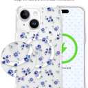 Jusy Magnetic Cute Flower Case for iPhone 15 Plus, Cute Aesthetic White Floral Pattern Phone Case Compatible with Magsafe, Soft TPU Protective Phone Cover for Women Girls - Blue Flower