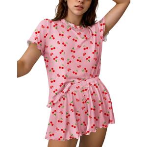 Ekouaer Womens 2 Piece Ribbed Knit Set Colorful Pattern Set Short Sleeve Set Casual Lounge Sets (Medium, C_pink Cherry) Ekouaer Womens 2 Piece Ribbed Knit Set Colorful Pattern Set Short Sleeve Set Casual Lounge Sets (Medium, C_pink Cherry)