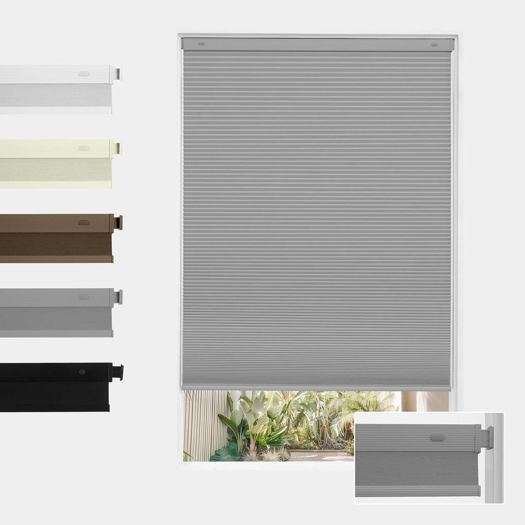 Boolegon No Drill Blackout Cellular Window Shades,Grey,26.5" W x 48" H