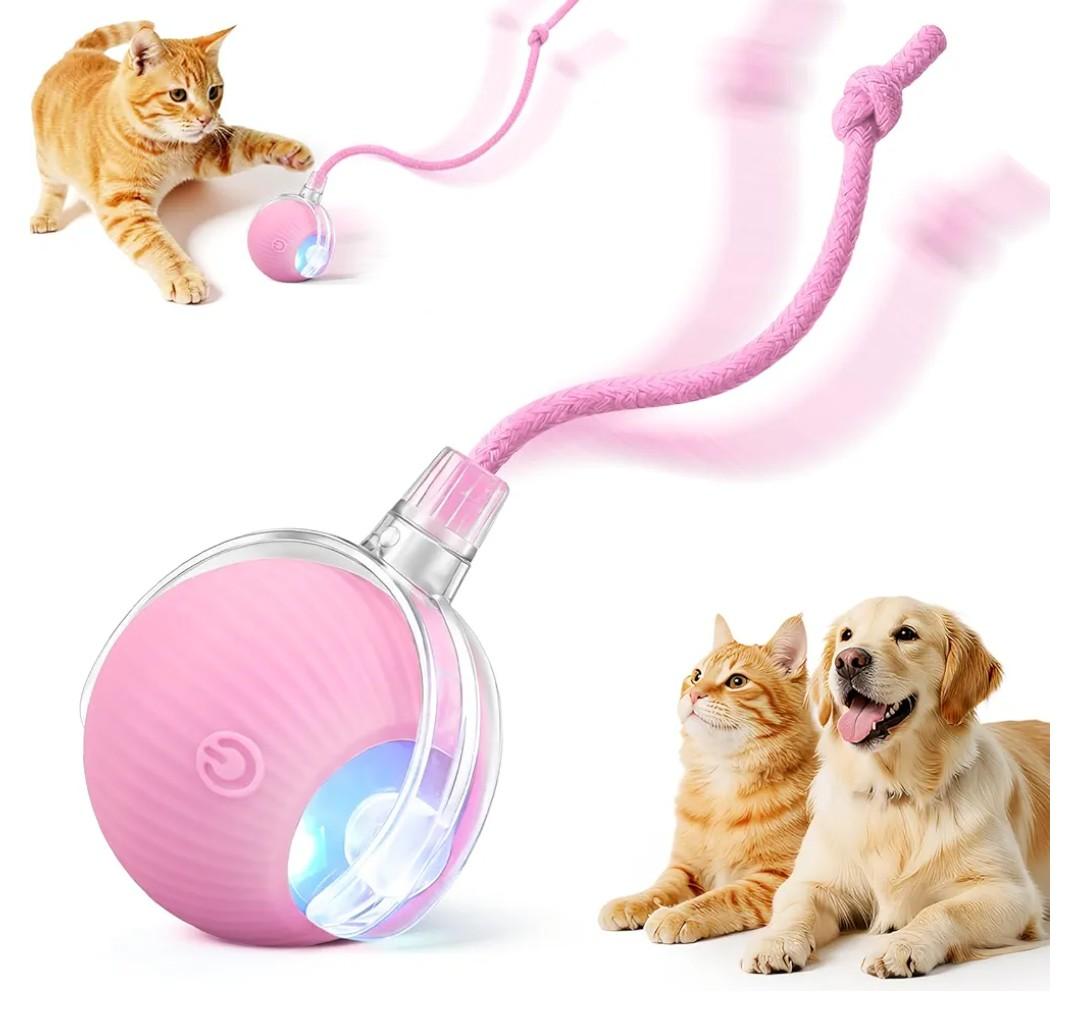 Interactive Electric Automatic Rolling Moving USB Rechargeable Self Activated Play Stimulation Toy Smart Chase Teaser Ball with Speedy Tail Rope for Bored Adult Indoor Cats and Dogs, Pink