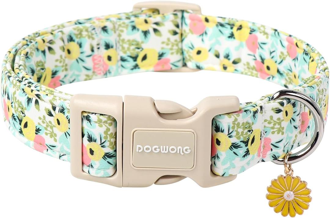 DOGWONG Flower Cotton Dog Collar, Spring Summer Cute Yellow Dog Collar Durable Soft Fabric Pet Dog Collars Female Girl Necklace for Small Medium Large Dogs (Small (Pack of 1), rosa)