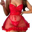Sexy Ruffle Floral Skirt Underwire Mesh Sheer Lace Babydoll Lingerie Dress with Thong 2 Piece (Red, XXL)