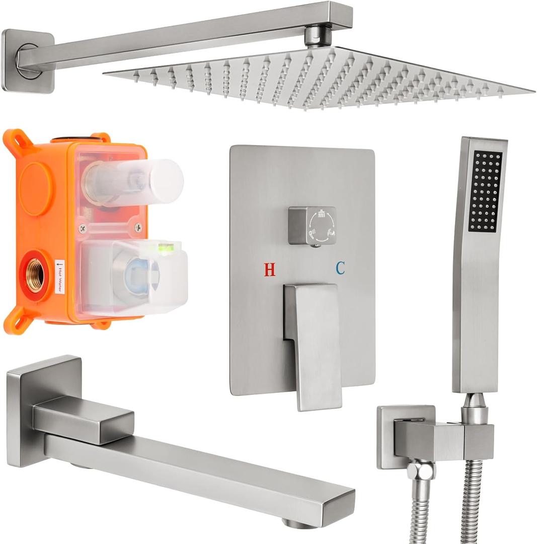 10 inch Brushed Nickel Shower Faucet Set, Stainless Steel Rain Shower System with Tub Spout, All Metal Wall Mounted Shower Faucet for Bathroom (With Shower Valve)