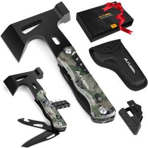 FLISSA Camping Axe Hammer Multitool, Gift for Father, Hatchet Multi Tool Camo Stainless Steel with LED Light, EDC Hiking Survival Multi Function Tool Pocket Knife with Sheath